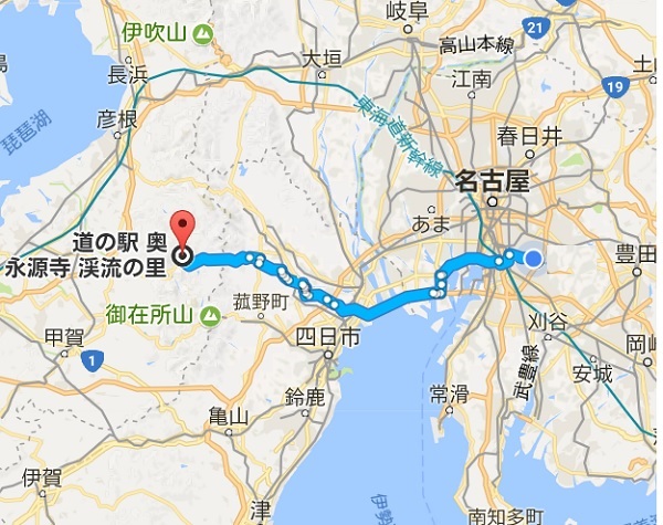 名古屋から愛知川までのルート